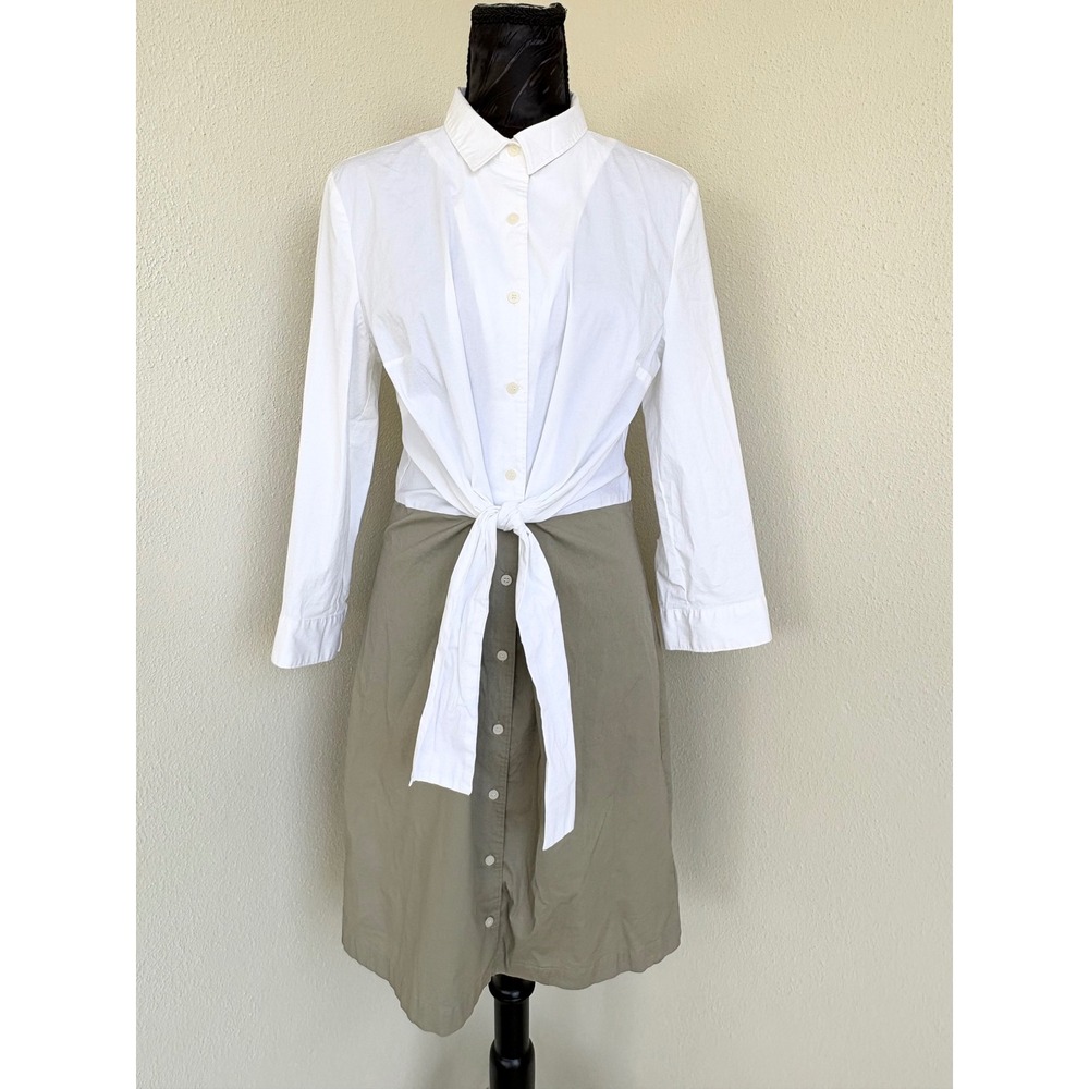Tahari Tie Front Colorblock Shirt Dress Women 10 White Olive MD9582-922